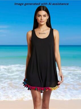NWT Beach Break L black Pom Pom hem coverup